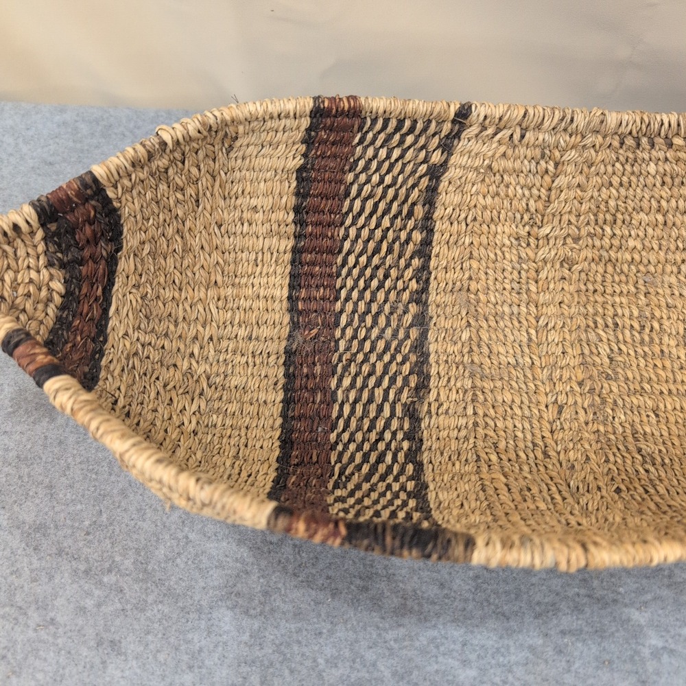 Ethiopian Handwoven Basket Boat Shaped Natural Fiber Striped Brown Tan - Picture 3 of 10